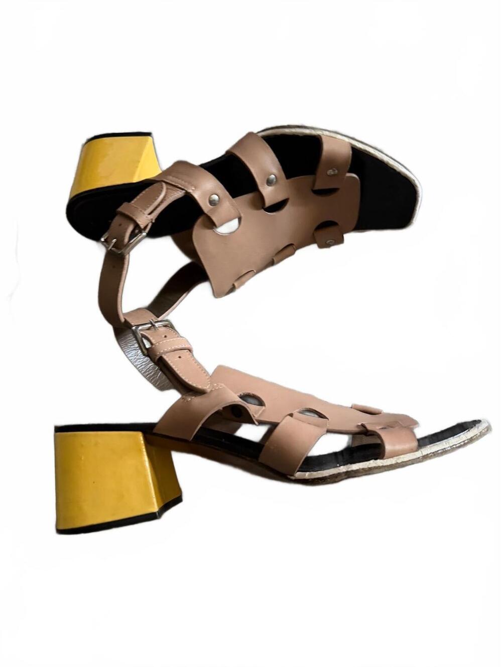 Marni Slingback Gladiator Sandal Tan Leather stacked patent yellow heel 9.5